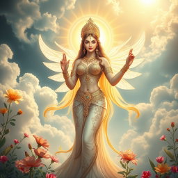 A stunningly beautiful divine feminine figure, radiating with ethereal light and grace, dressed in intricately embellished celestial garments, standing in a lush heavenly paradise (Swarg)