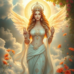 A stunningly beautiful divine feminine figure, radiating with ethereal light and grace, dressed in intricately embellished celestial garments, standing in a lush heavenly paradise (Swarg)