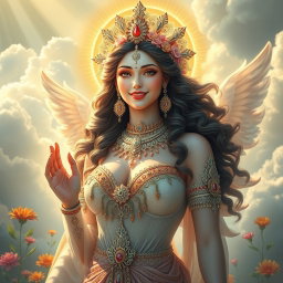 A stunningly beautiful divine feminine figure, radiating with ethereal light and grace, dressed in intricately embellished celestial garments, standing in a lush heavenly paradise (Swarg)