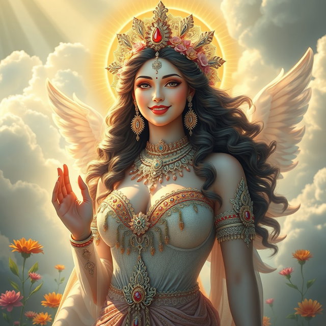 A stunningly beautiful divine feminine figure, radiating with ethereal light and grace, dressed in intricately embellished celestial garments, standing in a lush heavenly paradise (Swarg)