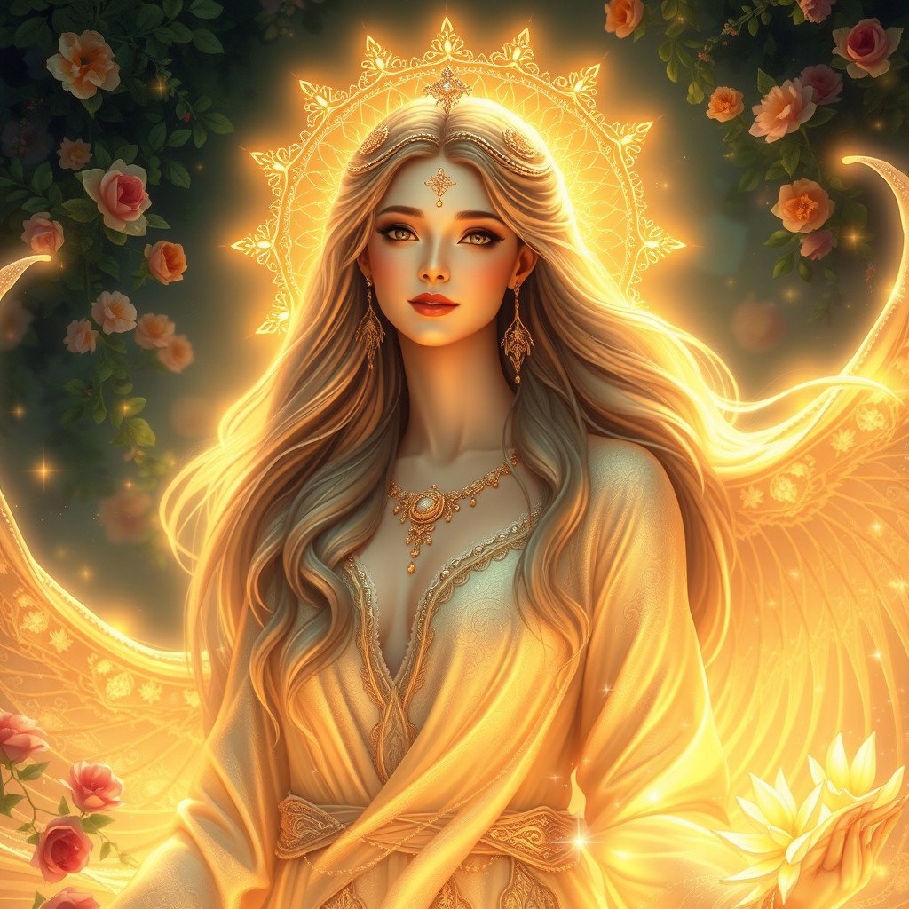 A breathtakingly beautiful divine feminine figure, embodying grace and elegance
