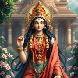A beautifully depicted Hindu goddess, showcasing grace, strength, and divine elegance