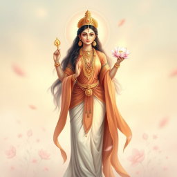 A beautiful Devi figure standing gracefully beside a serene, ethereal being, depicted in a soft and artistic way