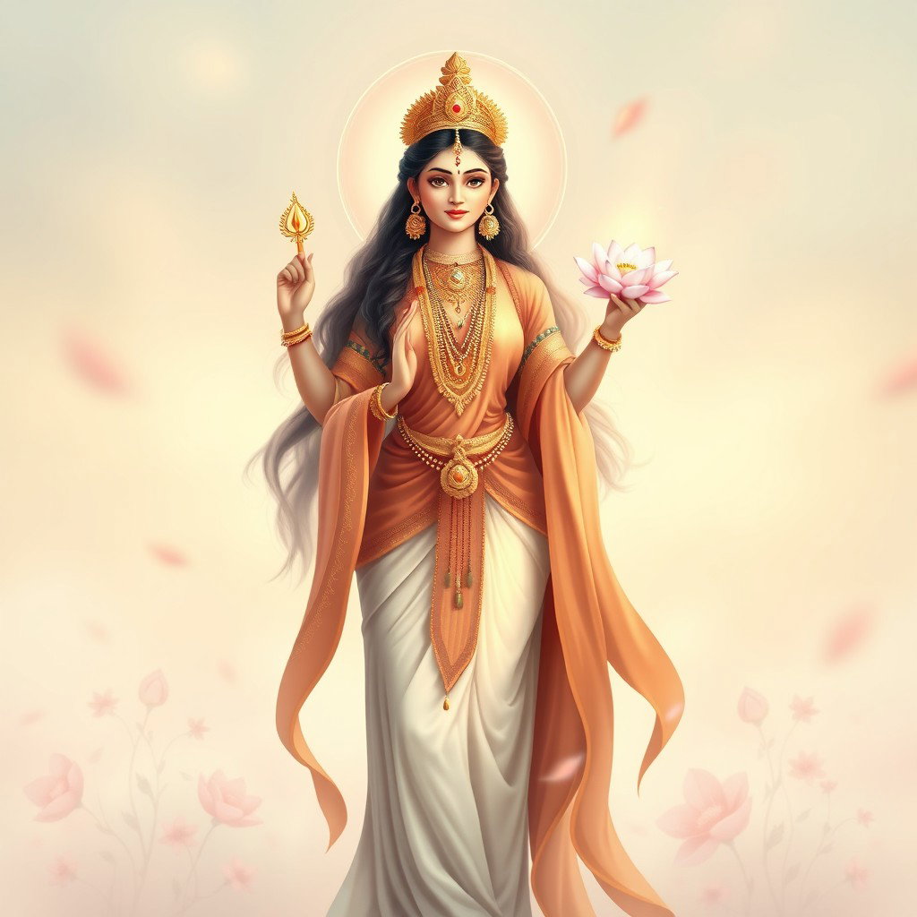 A beautiful Devi figure standing gracefully beside a serene, ethereal being, depicted in a soft and artistic way