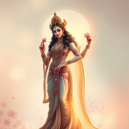 A beautiful Devi figure standing gracefully beside a serene, ethereal being, depicted in a soft and artistic way
