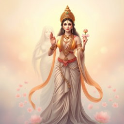 A beautiful Devi figure standing gracefully beside a serene, ethereal being, depicted in a soft and artistic way