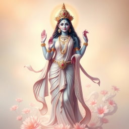 A beautiful Devi figure standing gracefully beside a serene, ethereal being, depicted in a soft and artistic way