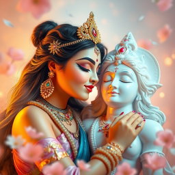 A beautiful Devi figure captured in a tender moment of affection, softly kissing a serene and divine figure beside her