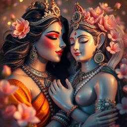 A beautiful Devi figure captured in a tender moment of affection, softly kissing a serene and divine figure beside her