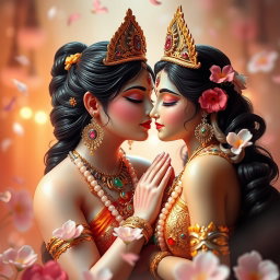 A beautiful Devi figure captured in a tender moment of affection, softly kissing a serene and divine figure beside her