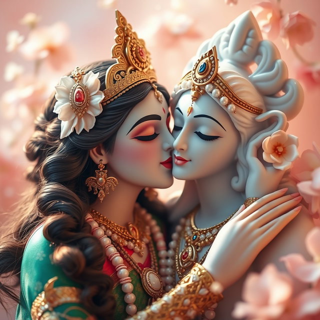 A beautiful Devi figure captured in a tender moment of affection, softly kissing a serene and divine figure beside her