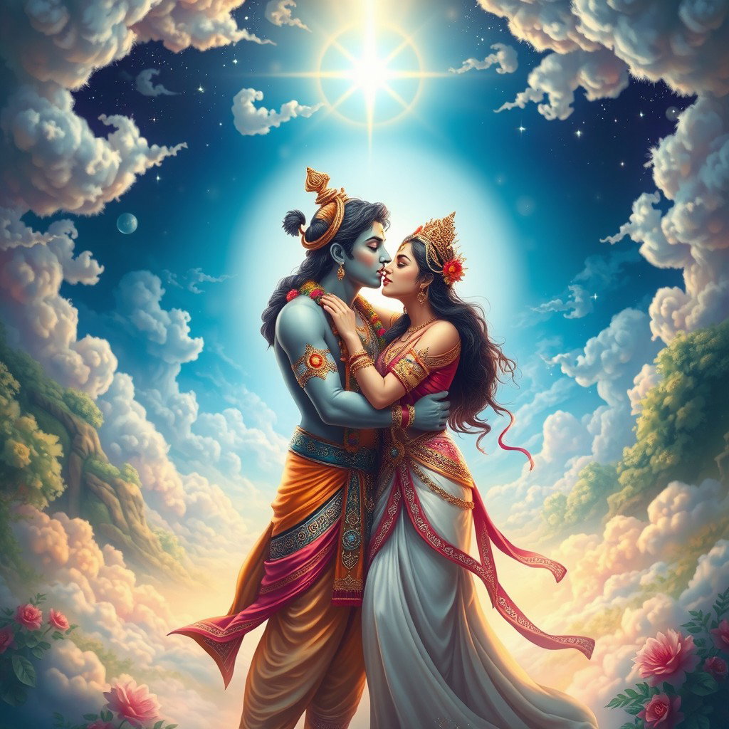 A celestial scene set in the heavenly realm of Swarg, depicting a divine kiss between two beautiful Hindu deities