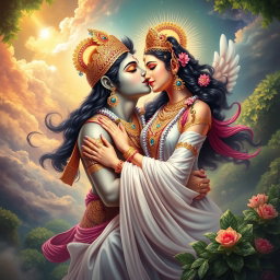 A celestial scene set in the heavenly realm of Swarg, depicting a divine kiss between two beautiful Hindu deities