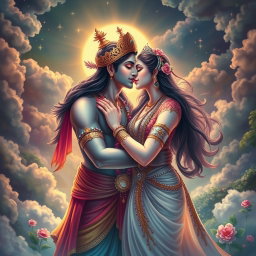 A celestial scene set in the heavenly realm of Swarg, depicting a divine kiss between two beautiful Hindu deities