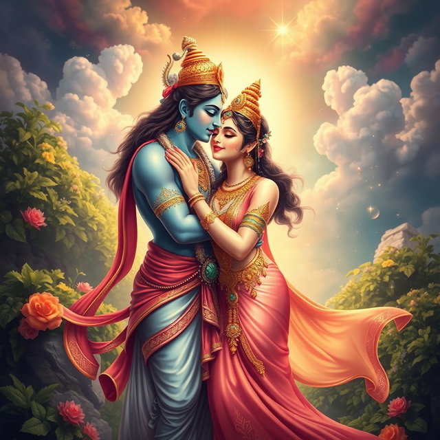 A celestial scene set in the heavenly realm of Swarg, depicting a divine kiss between two beautiful Hindu deities