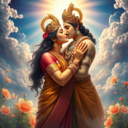 A stunning portrayal of a beautiful Hindu Devi kissing the Dev God in a celestial setting