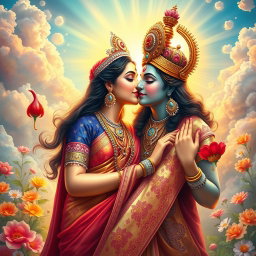 A stunning portrayal of a beautiful Hindu Devi kissing the Dev God in a celestial setting