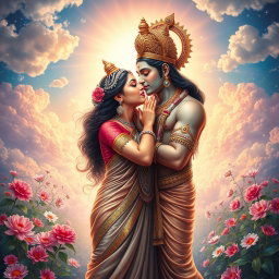 A stunning portrayal of a beautiful Hindu Devi kissing the Dev God in a celestial setting