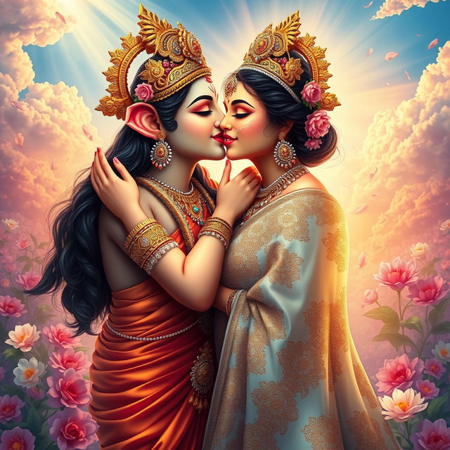 A stunning portrayal of a beautiful Hindu Devi kissing the Dev God in a celestial setting