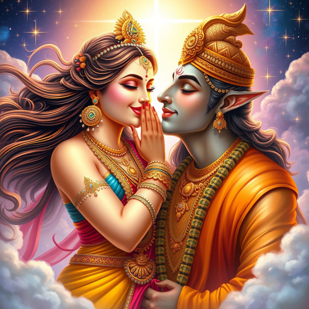 An enchanting scene featuring a beautiful Hindu goddess (Devi) gently kissing a handsome deity (Dev) on the cheek