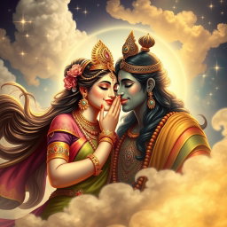 An enchanting scene featuring a beautiful Hindu goddess (Devi) gently kissing a handsome deity (Dev) on the cheek