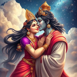 An enchanting scene featuring a beautiful Hindu goddess (Devi) gently kissing a handsome deity (Dev) on the cheek