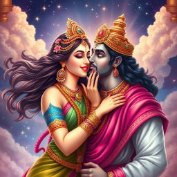 An enchanting scene featuring a beautiful Hindu goddess (Devi) gently kissing a handsome deity (Dev) on the cheek