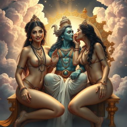 A stunning scene in a divine realm (swarglok) focusing on two beautiful goddesses with flawless skin and an enchanting aura