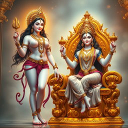 A stunning and artistic depiction of two divine goddess Devi figures with glowing, milk-like skin