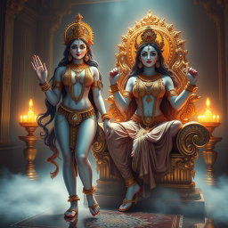 A stunning and artistic depiction of two divine goddess Devi figures with glowing, milk-like skin