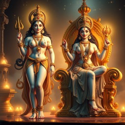 A stunning and artistic depiction of two divine goddess Devi figures with glowing, milk-like skin