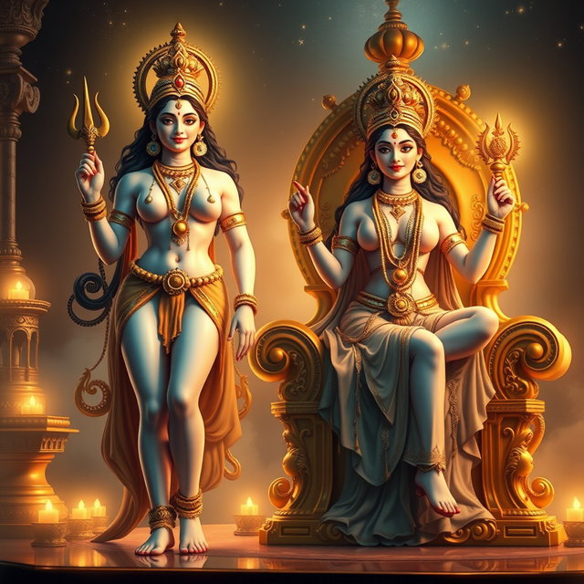 A stunning and artistic depiction of two divine goddess Devi figures with glowing, milk-like skin