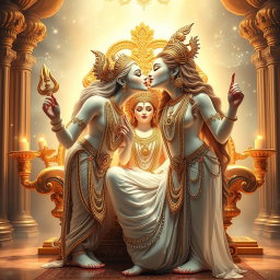 A beautifully crafted divine scene showcasing two radiant goddesses with glowing milk-white skin, standing gracefully