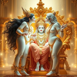 A beautifully crafted divine scene showcasing two radiant goddesses with glowing milk-white skin, standing gracefully