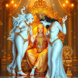 A beautifully crafted divine scene showcasing two radiant goddesses with glowing milk-white skin, standing gracefully