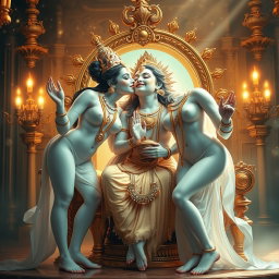 A beautifully crafted divine scene showcasing two radiant goddesses with glowing milk-white skin, standing gracefully