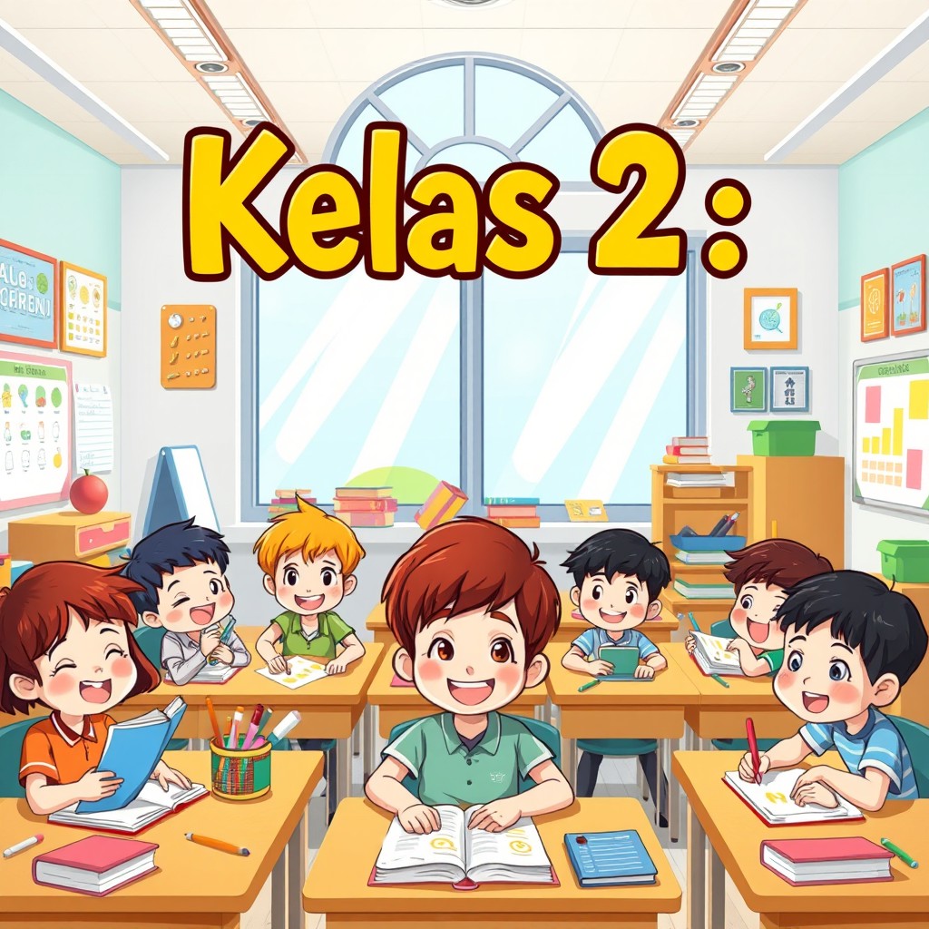 An animated, colorful illustration showcasing cheerful elementary school students in a classroom setting