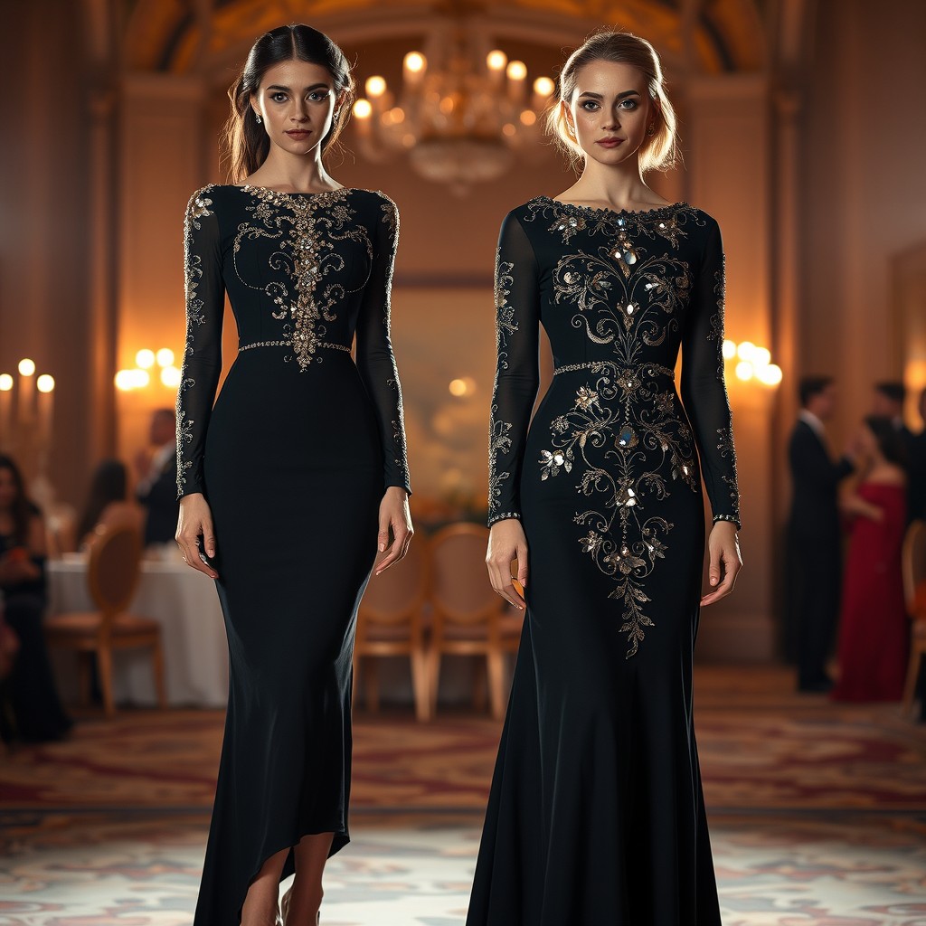 A stunning knee-length dress with long sleeves and an open neckline, designed to fit beautifully to the body