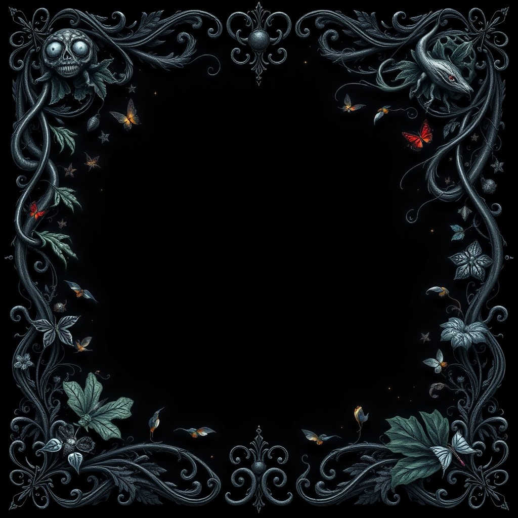 An intricate dark fairytale border design featuring detailed gothic elements like twisted vines, mysterious creatures, and ornate flourishes, creating a whimsical yet eerie atmosphere