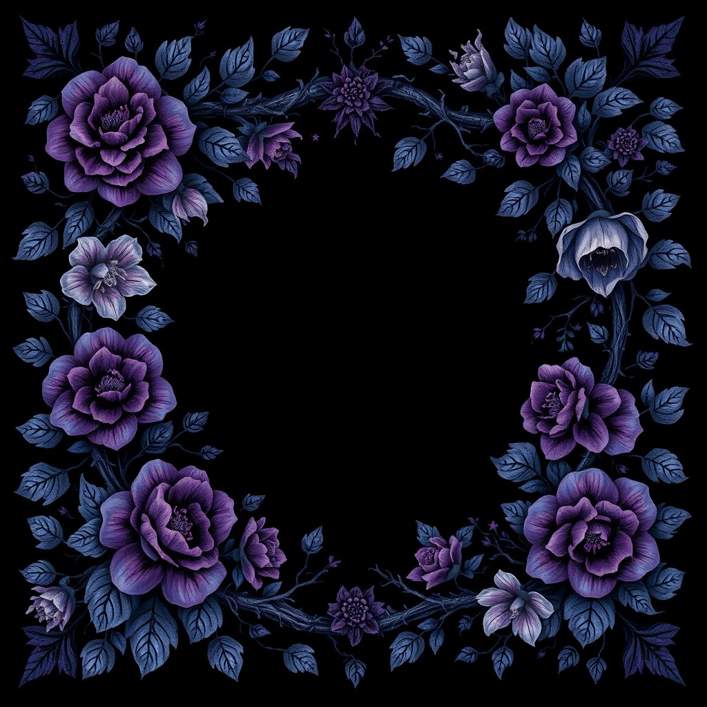 A dark mythical floral gothic border design featuring lush, intricate flowers entwined with thorny vines and delicate leaves, all crafted in a gothic style