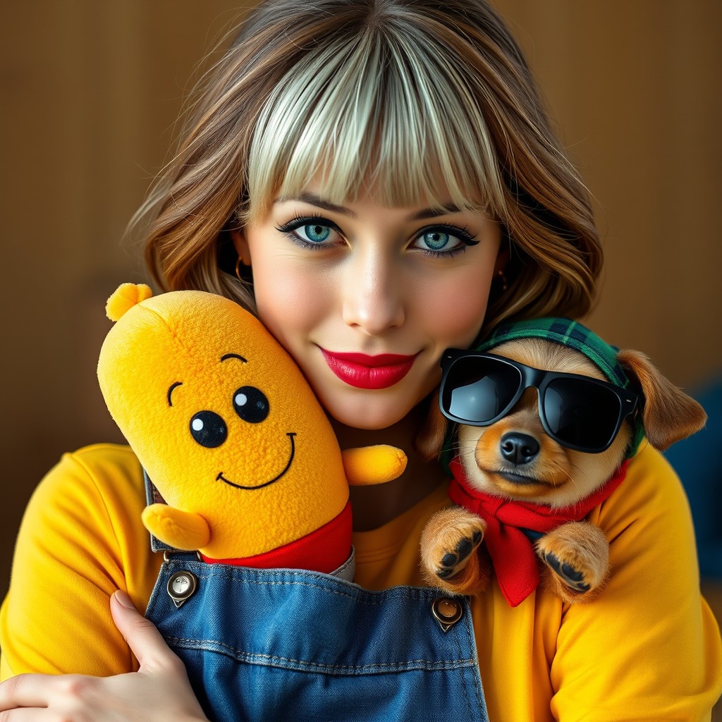 A 25-year-old woman with very fair skin, vibrant green eyes, and lightly wavy shoulder-length brown hair, featuring a white fringe