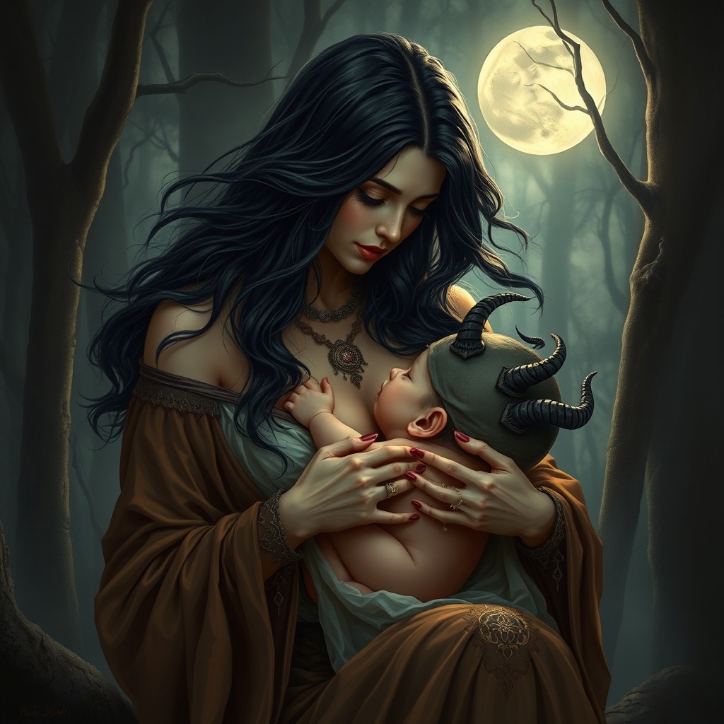 A mythological depiction of Lilith, with a striking and powerful aura, as she lovingly breastfeeds her demon child Armilus