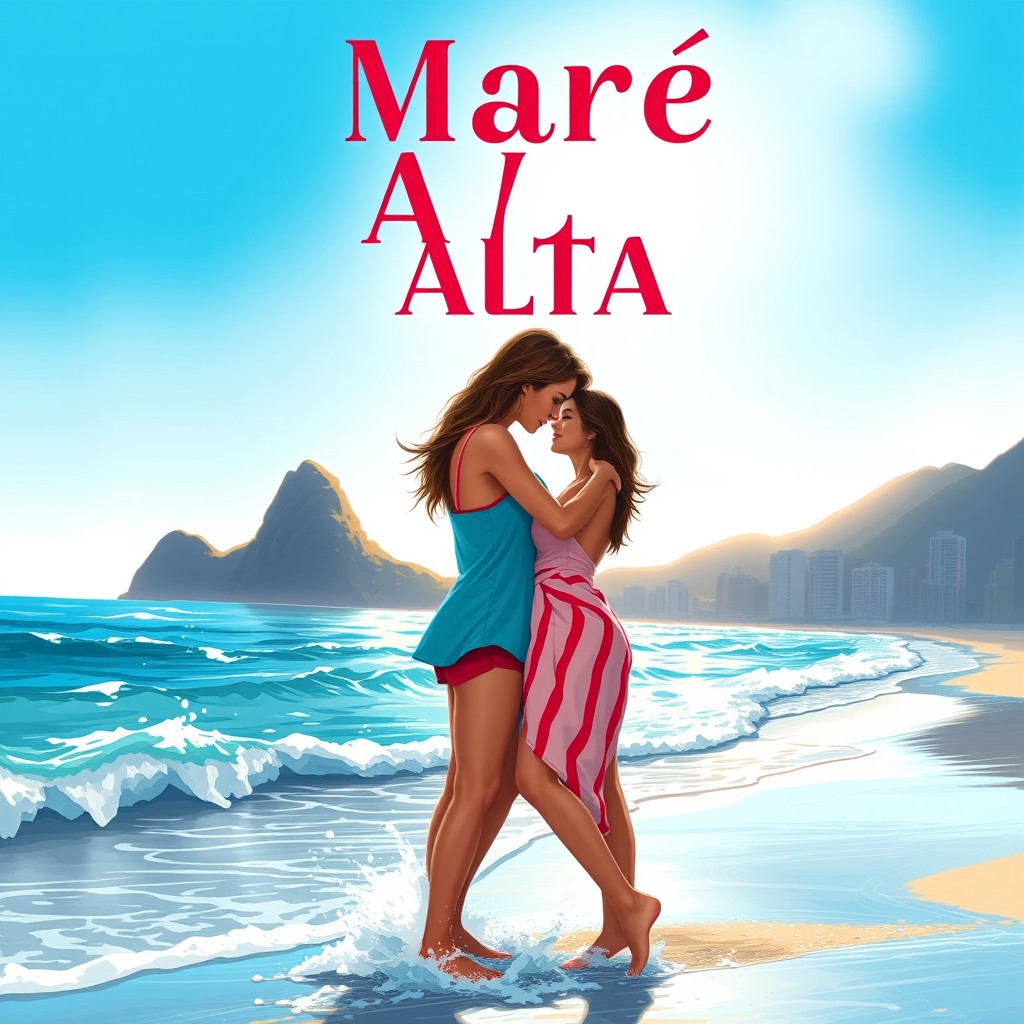 A captivating cover image for the book 'Maré Alta', showcasing a contemporary scene of a high tide in Rio de Janeiro