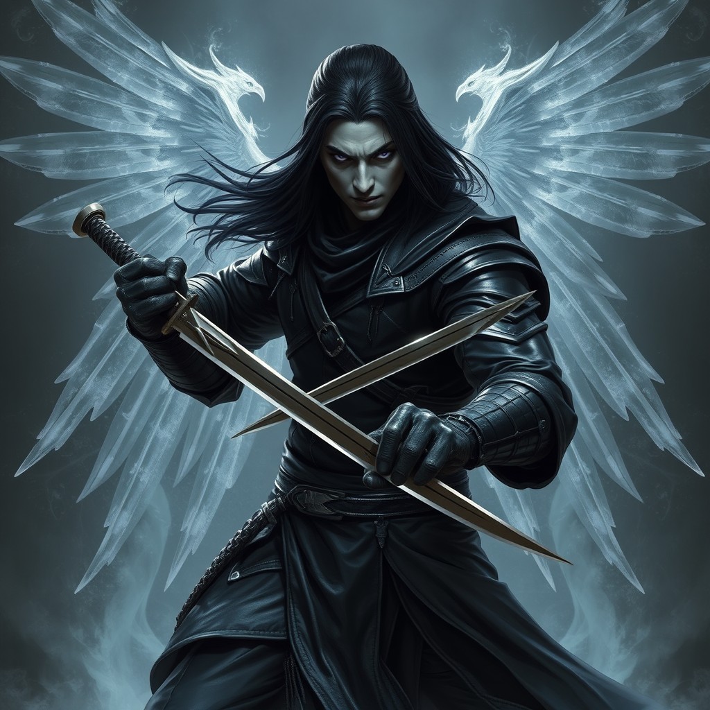 A Shadar-Kai man, depicted as a rogue fighter, skillfully wielding dual daggers