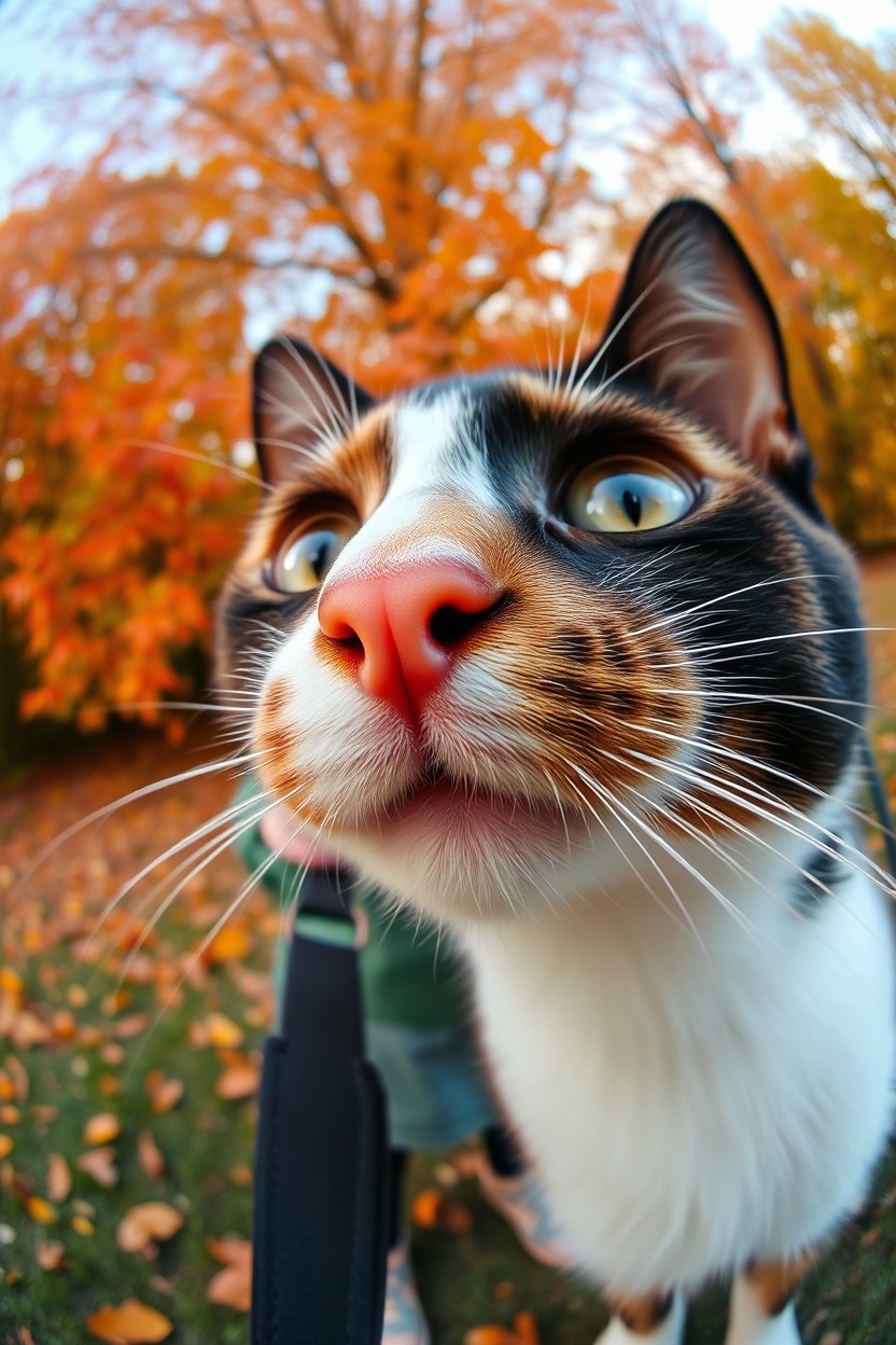 A close-up image of a happy tricolour cat's face, featuring a prominent, large nose and bright, expressive eyes