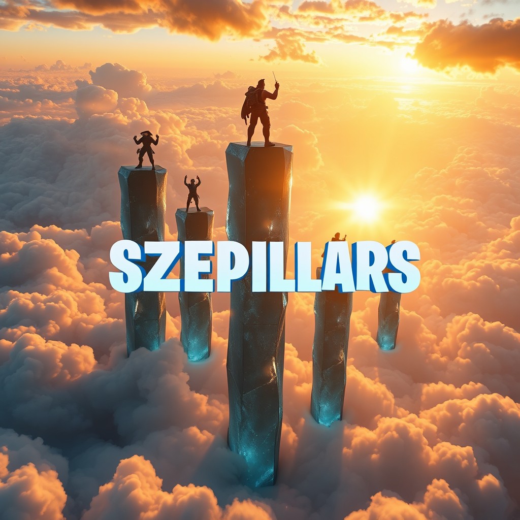 Epic Fortnite thumbnail set high among dramatic clouds at sunset, featuring Fortnite characters standing triumphantly on floating crystal pillars, with centered text 'SZEPILLARS' in bold 3D style showcasing black, white, and light blue gradient effect for a high contrast pop-out design