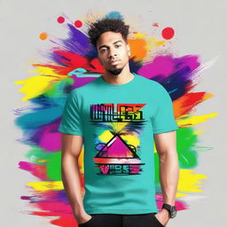 Innovate a fresh and unique t-shirt design, integrating unique graphics, bold colors, and the phrase 'Limitless Vibe' in an artistic manner.