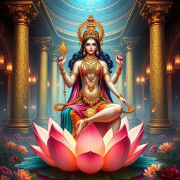 A beautiful feminine figure representing a Devi, with a captivating presence, sitting gracefully on a majestic lotus flower, adorned with intricate gold jewelry and colorful silk drapery, in a grand palace of Swarglok