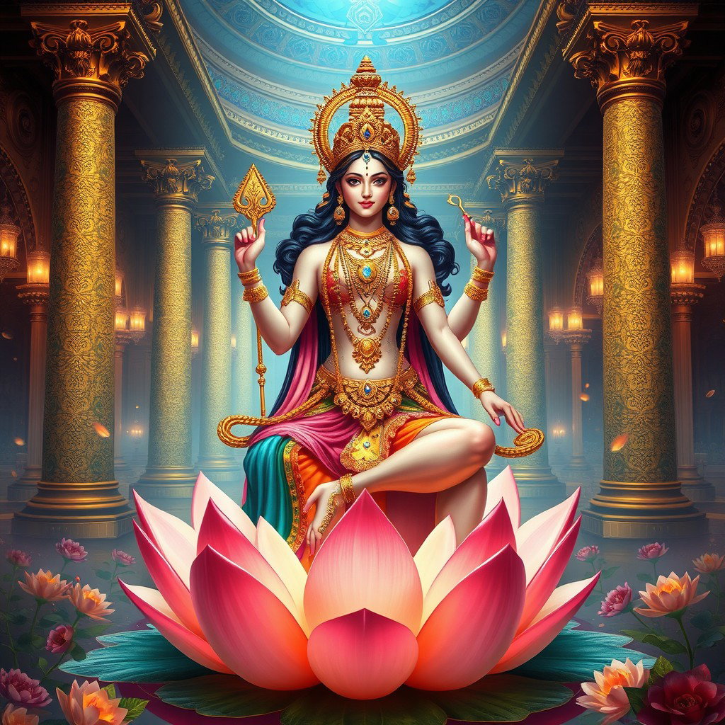A beautiful feminine figure representing a Devi, with a captivating presence, sitting gracefully on a majestic lotus flower, adorned with intricate gold jewelry and colorful silk drapery, in a grand palace of Swarglok