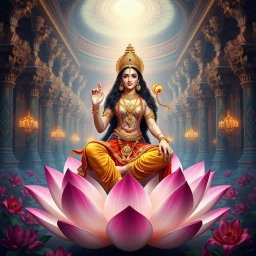 A beautiful feminine figure representing a Devi, with a captivating presence, sitting gracefully on a majestic lotus flower, adorned with intricate gold jewelry and colorful silk drapery, in a grand palace of Swarglok